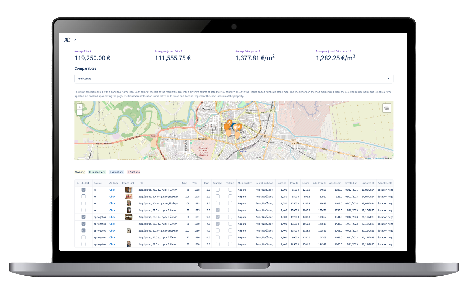 AutoComps app — comparables, map and KPIs